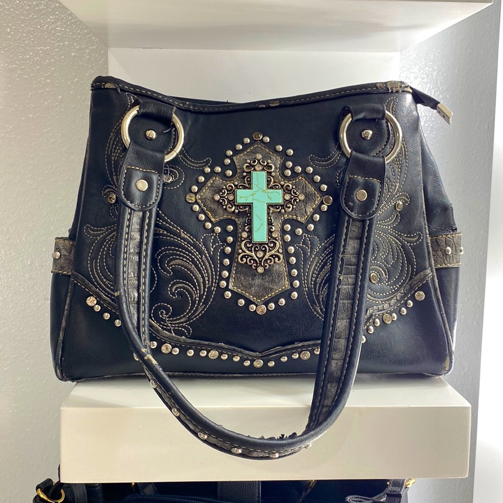 Montana West Leather Purse. Black Purse w/ Cross. Silver,Crystals. None Missing